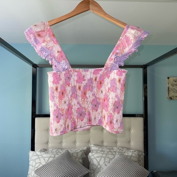 NEW Peixoto Mariel Cropped Top Pink Purple Jasmine Floral Smocked Ruffle Med - Picture 5 of 12